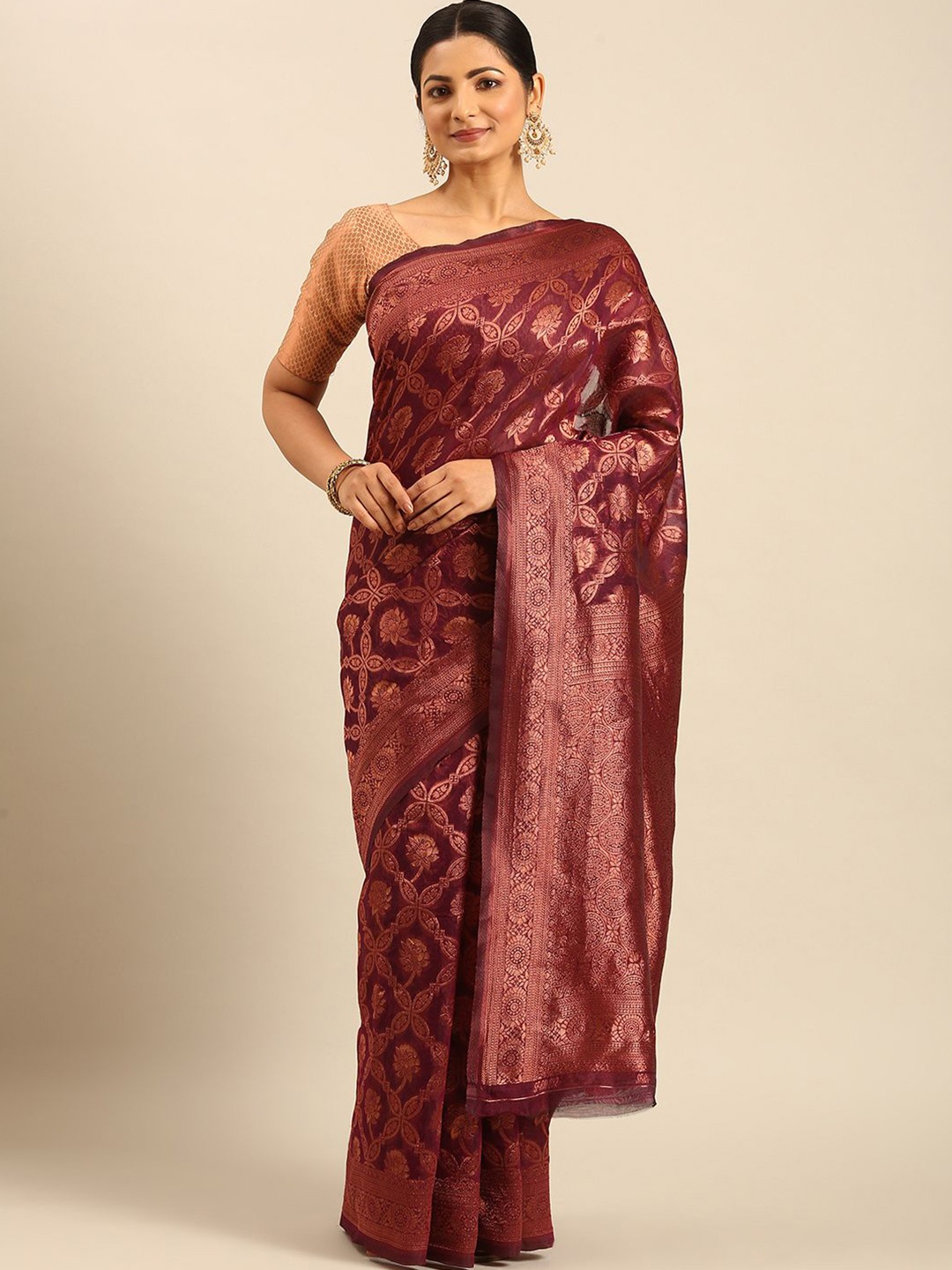

Mitera Women Woven Design Zari Saree, Red