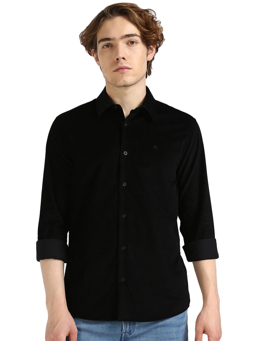 

Calvin Klein Jeans Men Spread Collar Solid Cotton Slim Fit Casual Shirt, Black