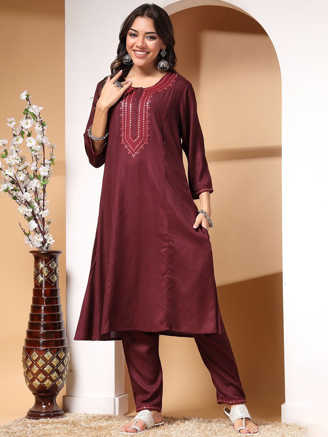 

House Of Zelena Ethnic Motifs Embroidered Round Neck A-Line Maternity Kurta With Pyjamas, Maroon