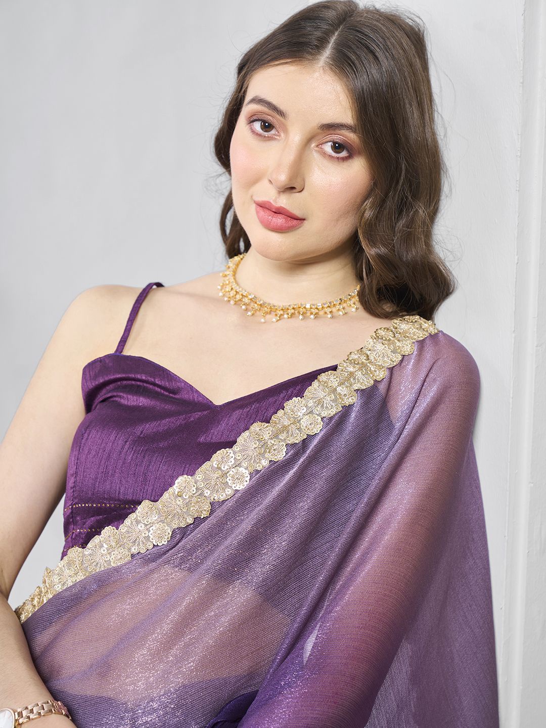 

Mitera Embellished Sequinned Pure Chiffon Ready to Wear Saree, Purple