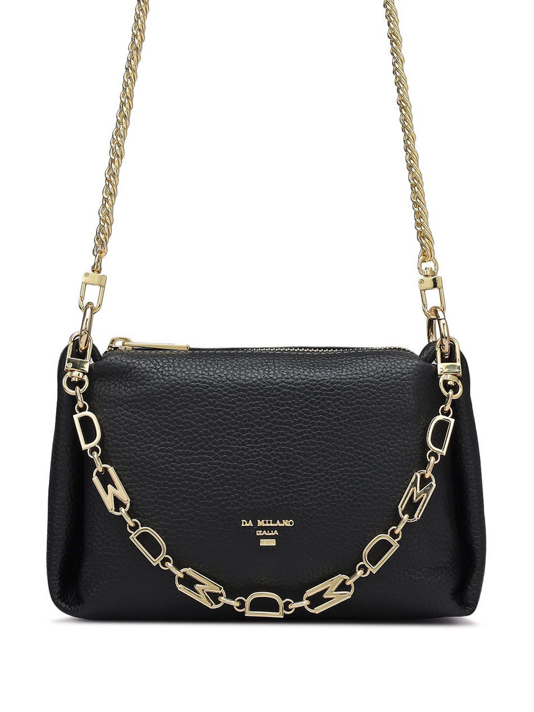 

Da Milano Women Textured Structured Leather Shoulder Bag, Black