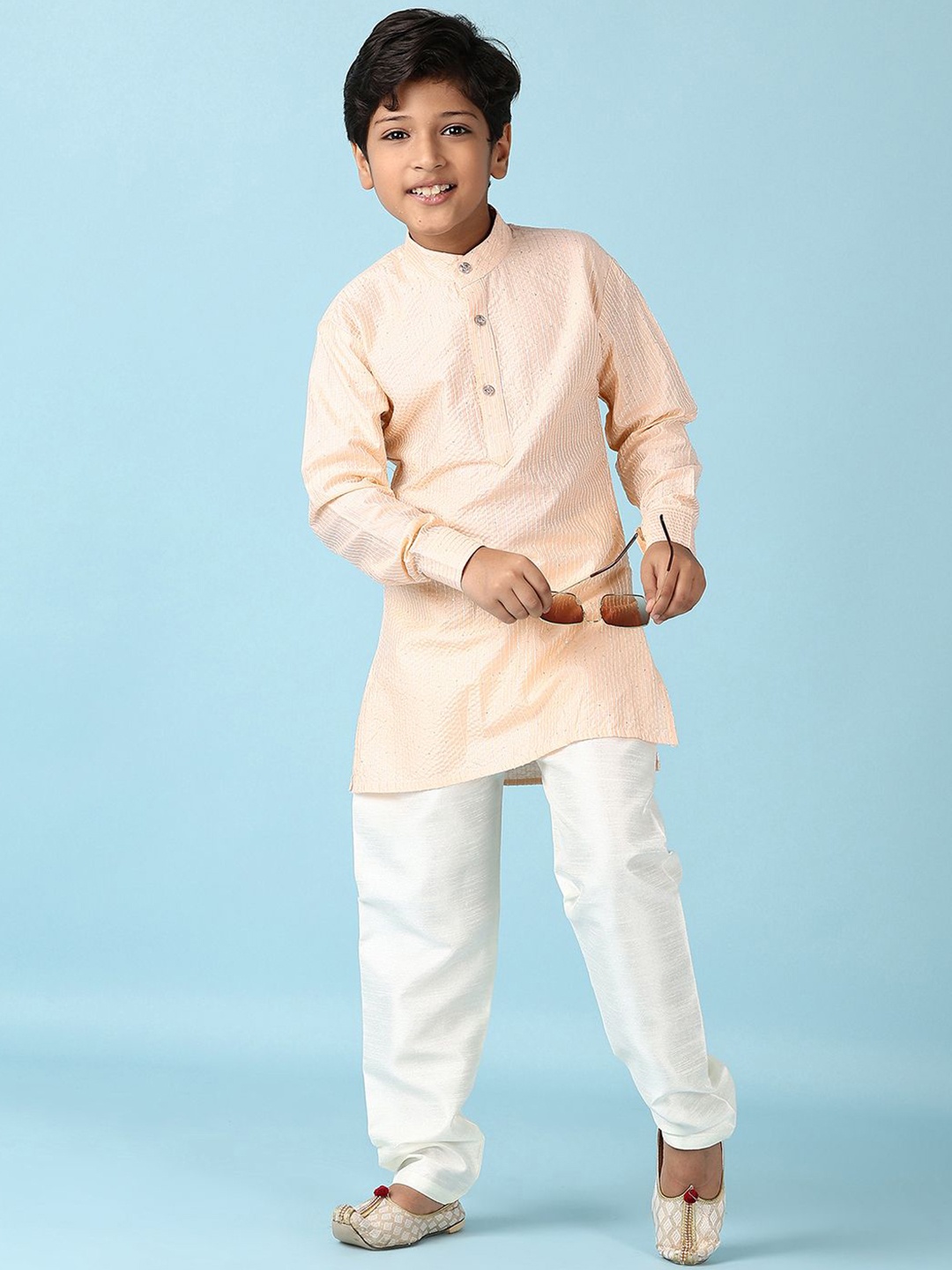 

V-Mart Boys Striped Embroidered Regular Sequinned Pure Cotton Kurta With Trouser, Peach
