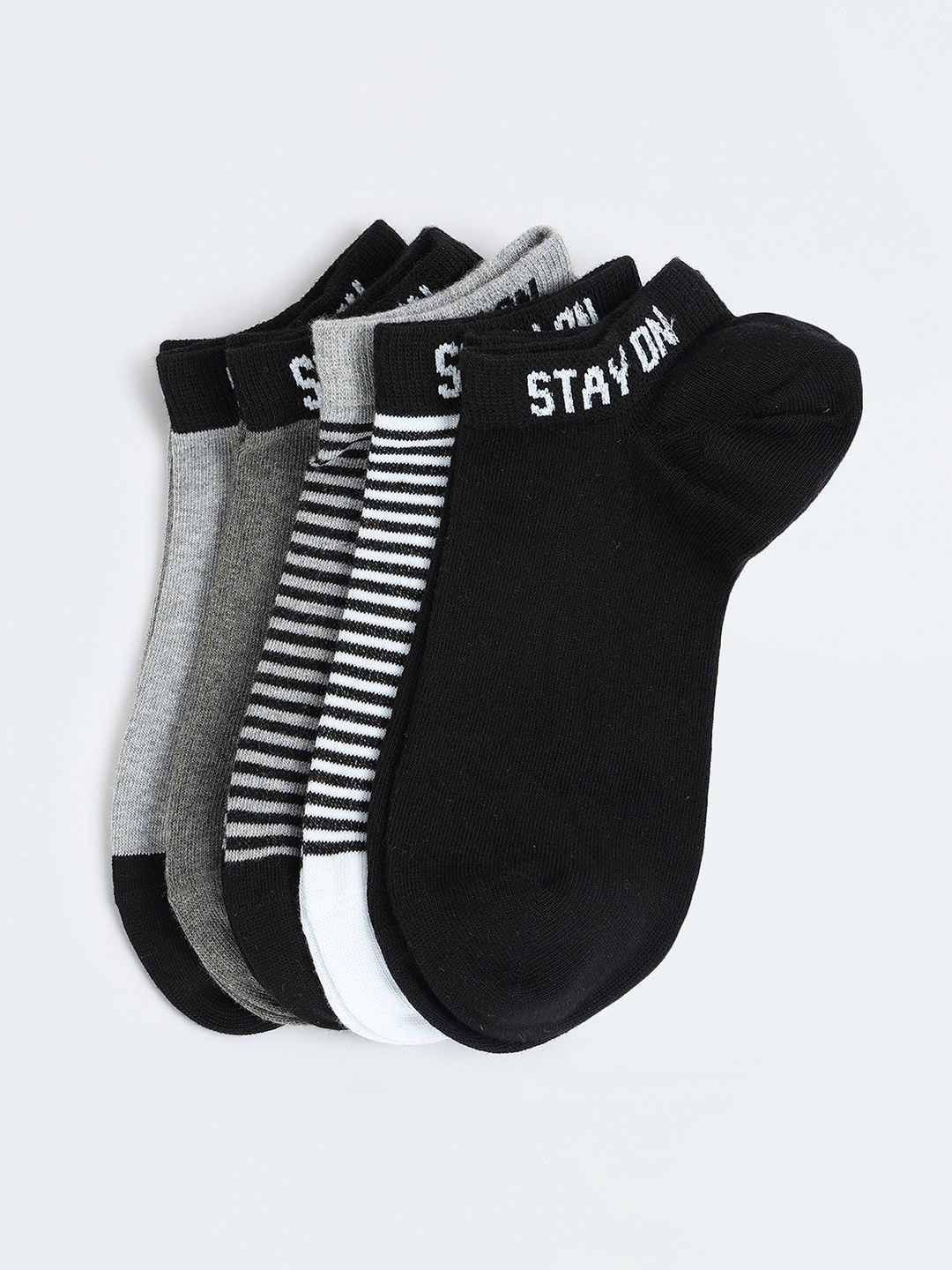 

max Men Pack Of 5 Striped Ankle Length Socks, Black