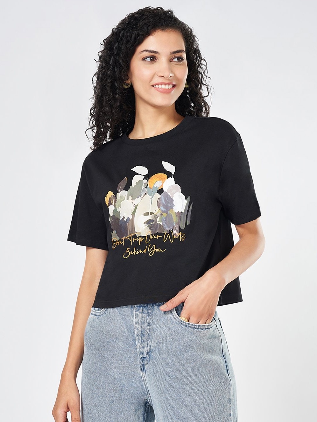 

People Women Graphic Printed Round Neck Cotton Boxy T-shirt, Black