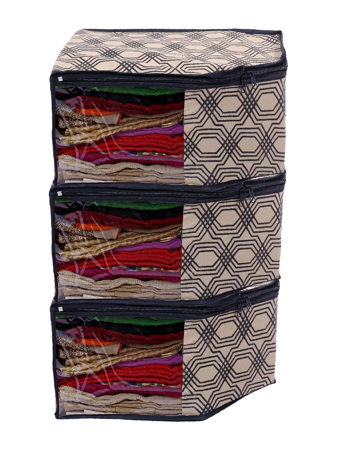 

Kuber Industries Beige 3 Pieces Honeycomb Printed Multi-Utility Organisers