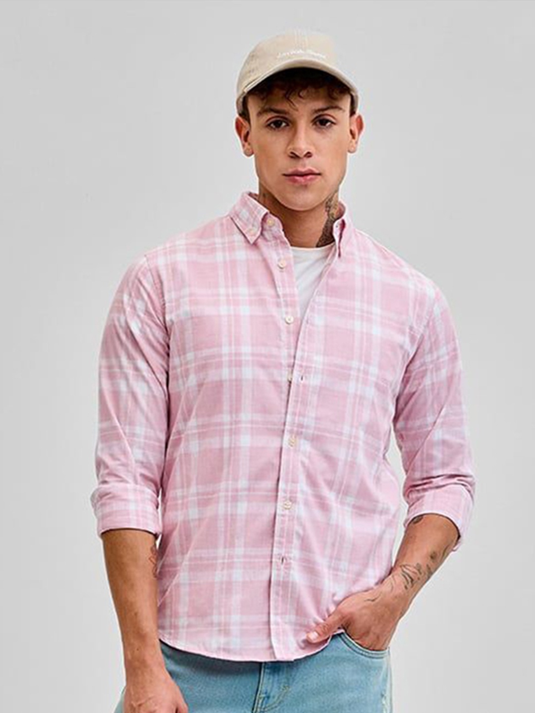 

Snitch Men Smart Button-Down Collar Tartan Checked Cotton Casual Shirt, Pink