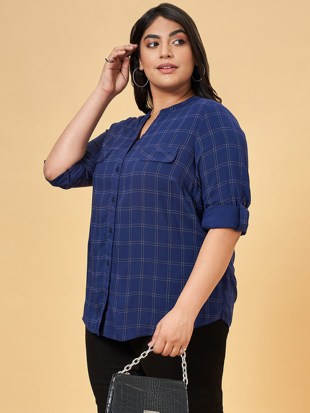 

Honey Curvytude by Pantaloons Women Checked Mandarin Collar Shirt Style Top, Navy blue