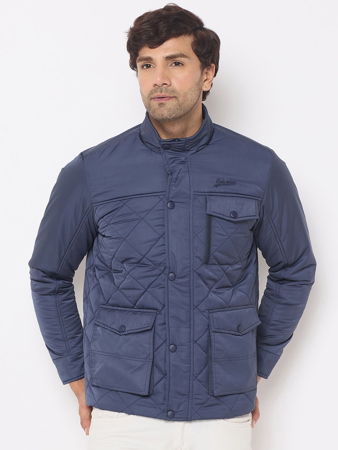 

Duke Men Mock Collar Solid Casual Quilted Jacket, Navy blue