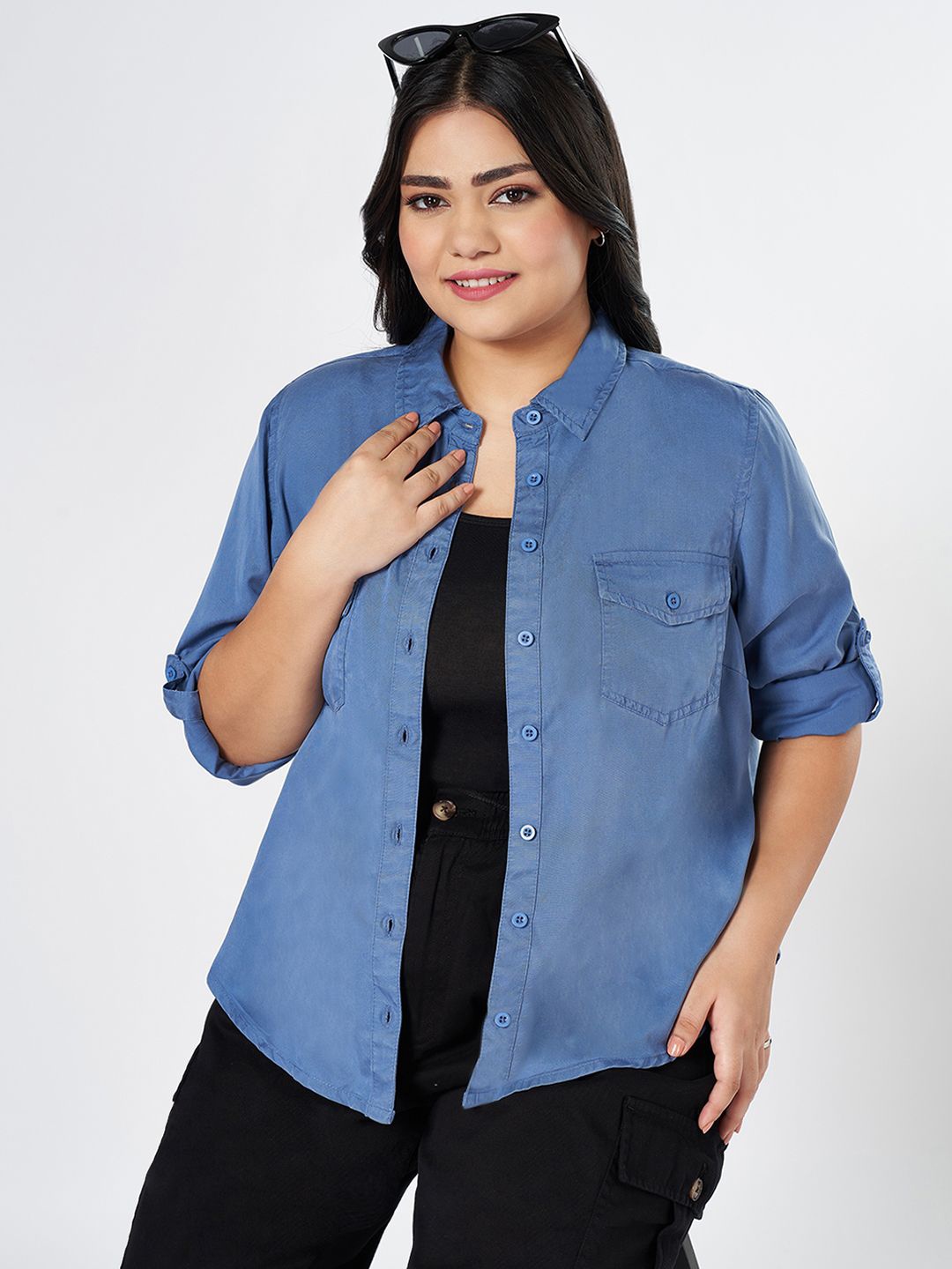 

Honey Curvytude by Pantaloons Women Roll-Up Sleeves Cotton Shirt Style Top, Blue