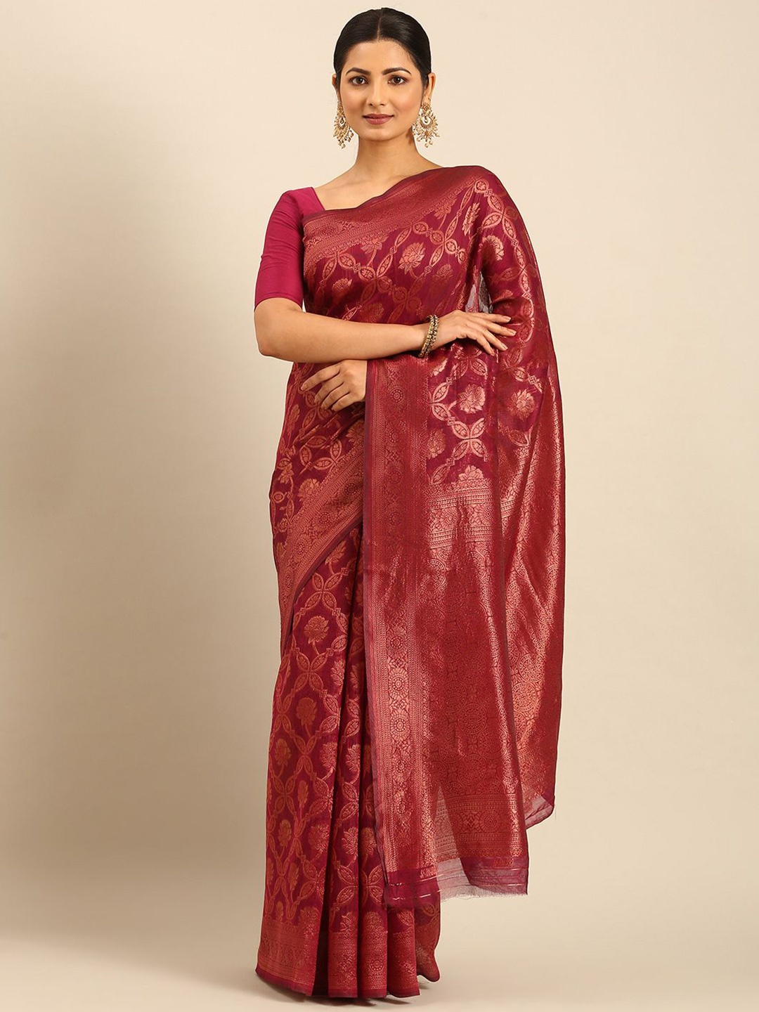 

Mitera Woven Design Zari Saree With Unstitched Blouse Piece, Red