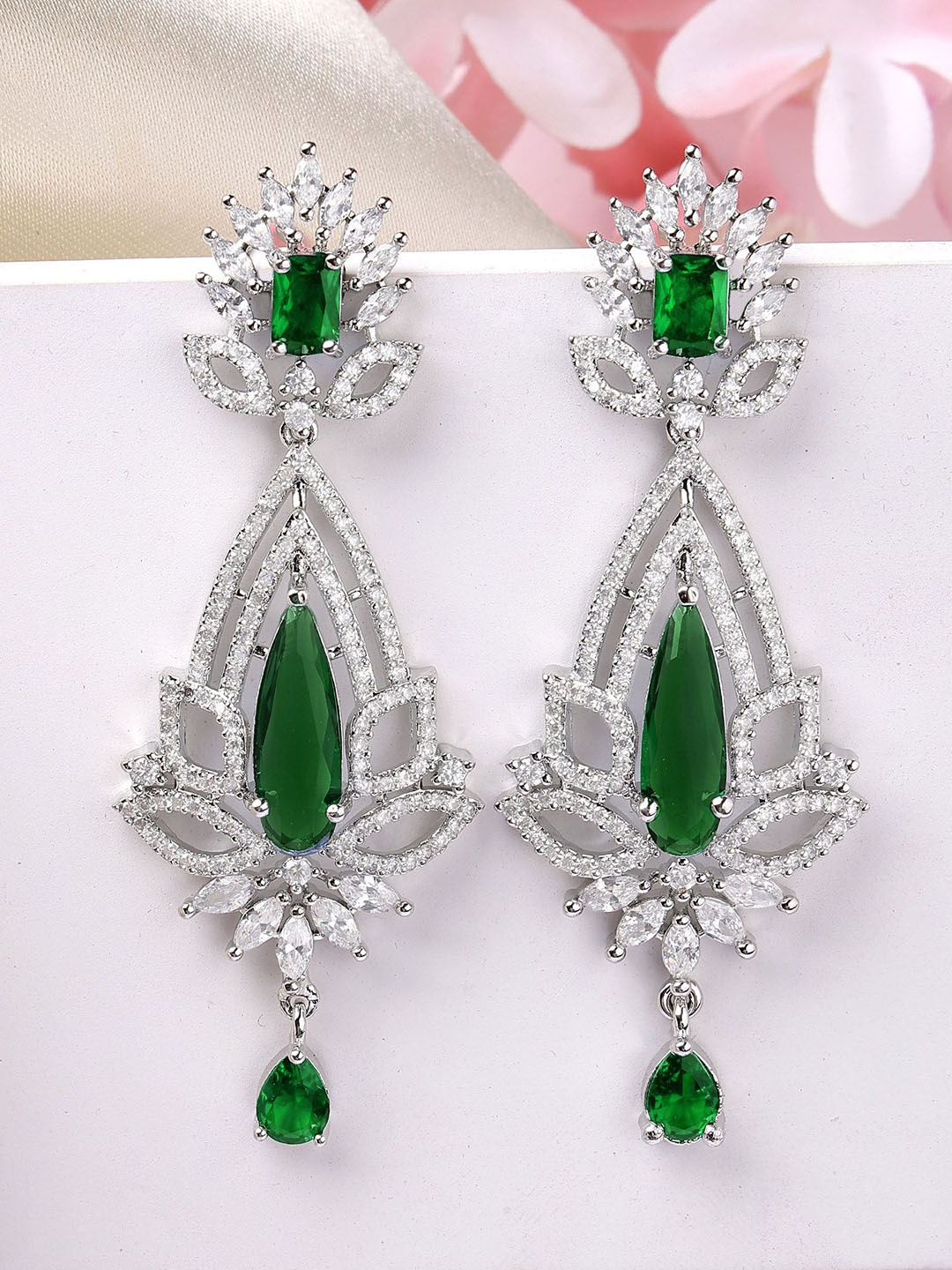 

KARATCART Silver-Plated Contemporary American Diamond Drop Earrings, Green