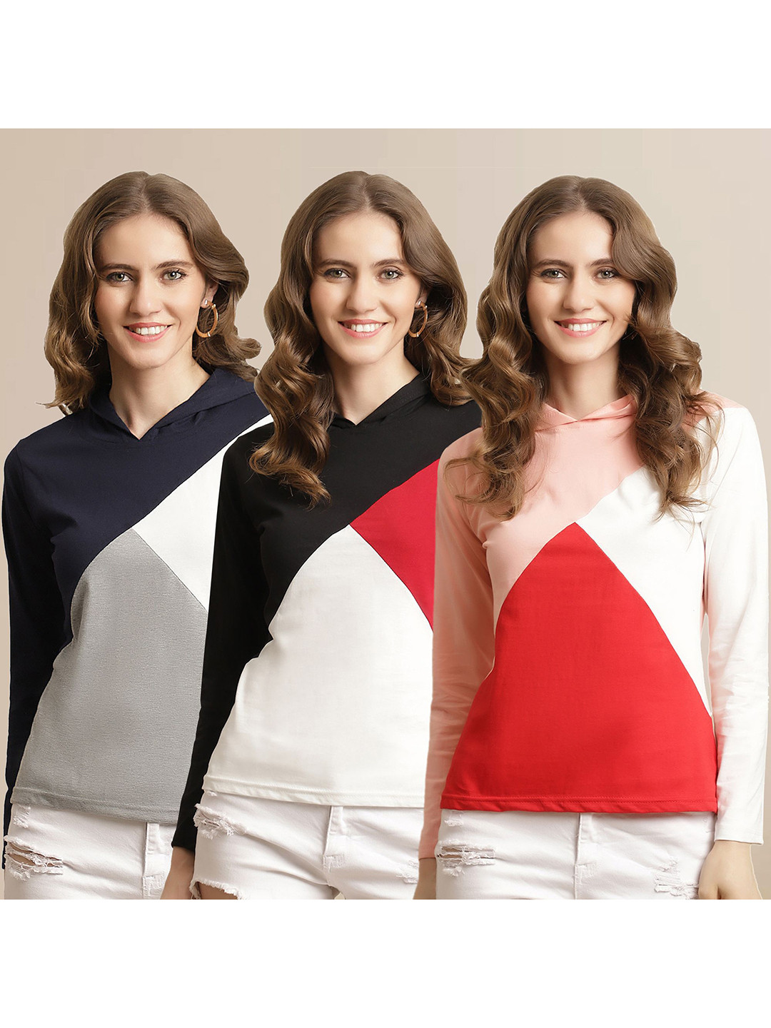 

Metronaut Women Pack Of 3 Colourblocked Round Neck Cotton T-shirts, Peach