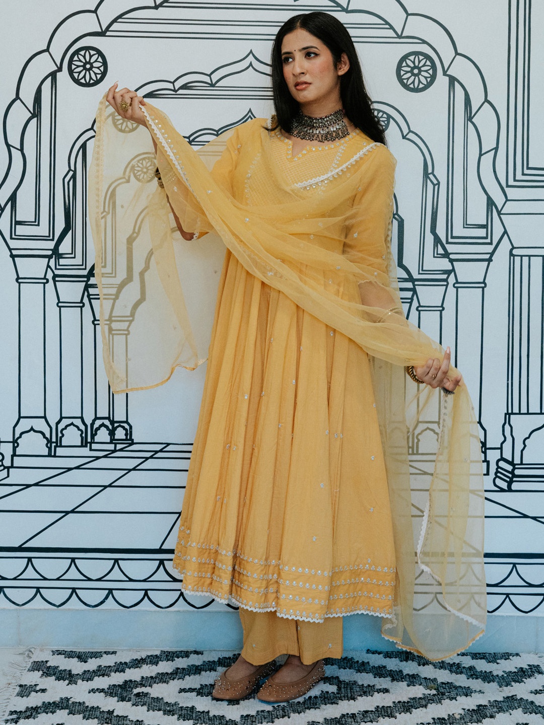 

GulaboJaipur Floral Embroidered Empire Pure Cotton Anarkali Kurta With Trouser & Dupatta, Mustard