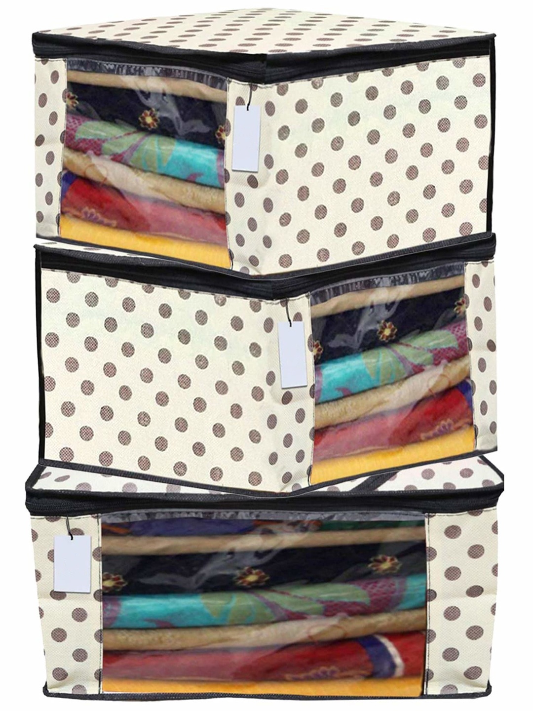 

Kuber Industries Cream-Coloured 3 Pieces Polka Dots Printed Multi-Utility Organisers