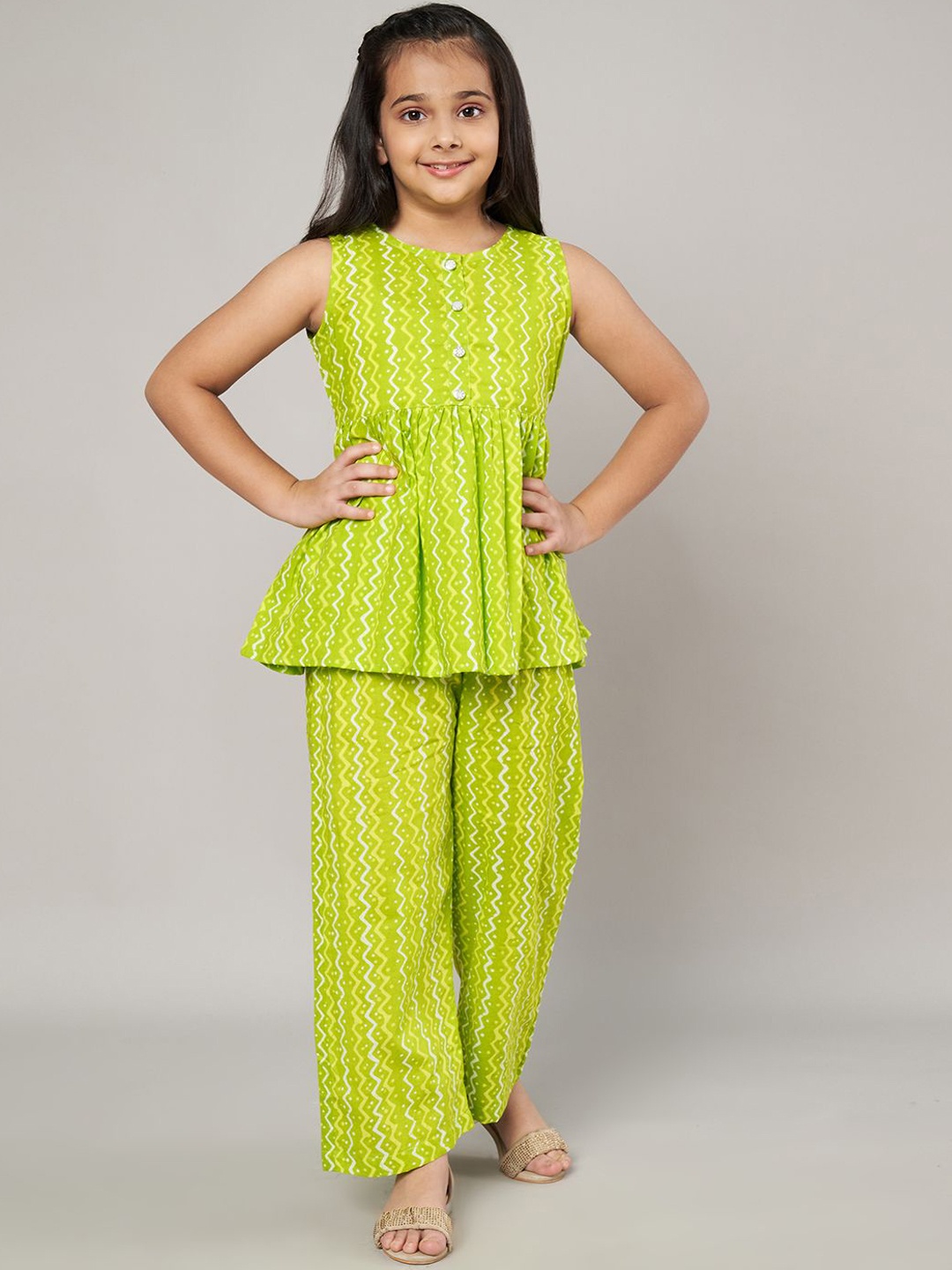 

FABRIC FITOOR Printed Pure Cotton Top With Trouser, Lime green