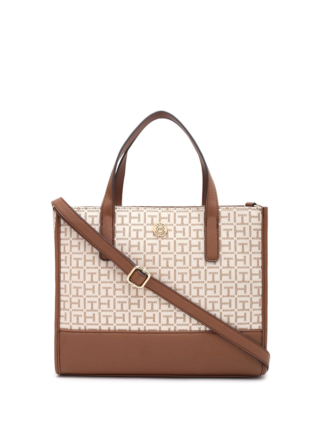 

Tommy Hilfiger Women Brand Logo Printed Shopper Leather Shoulder Bag, Beige
