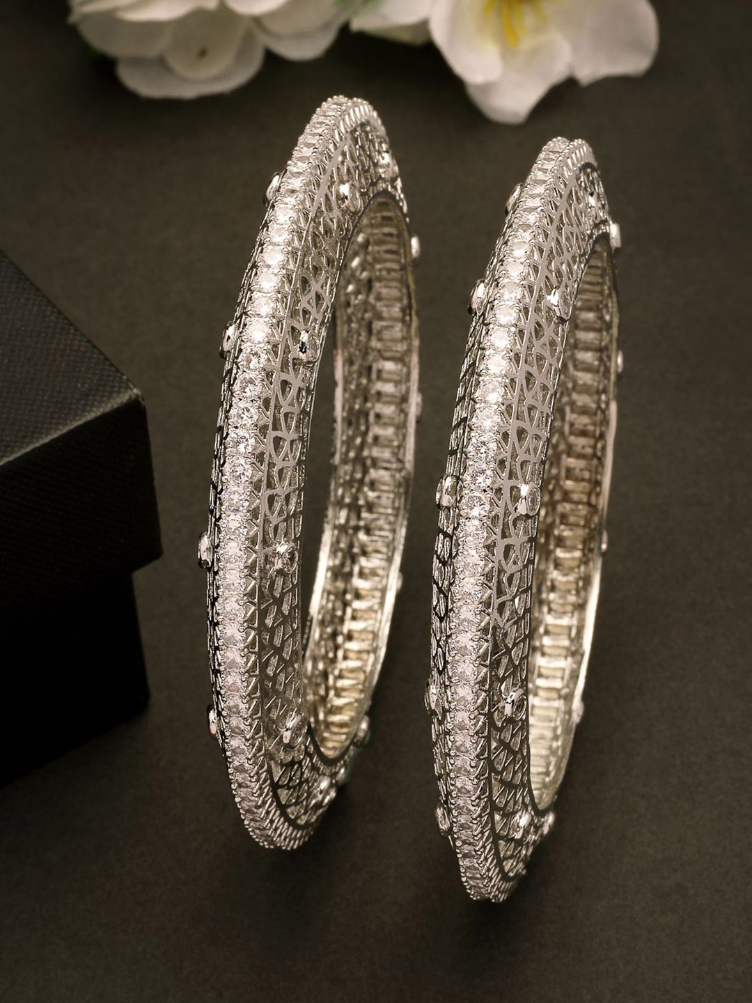 

NVR Set Of 2 Sliver-Plated AD-Studded Bangles, Silver
