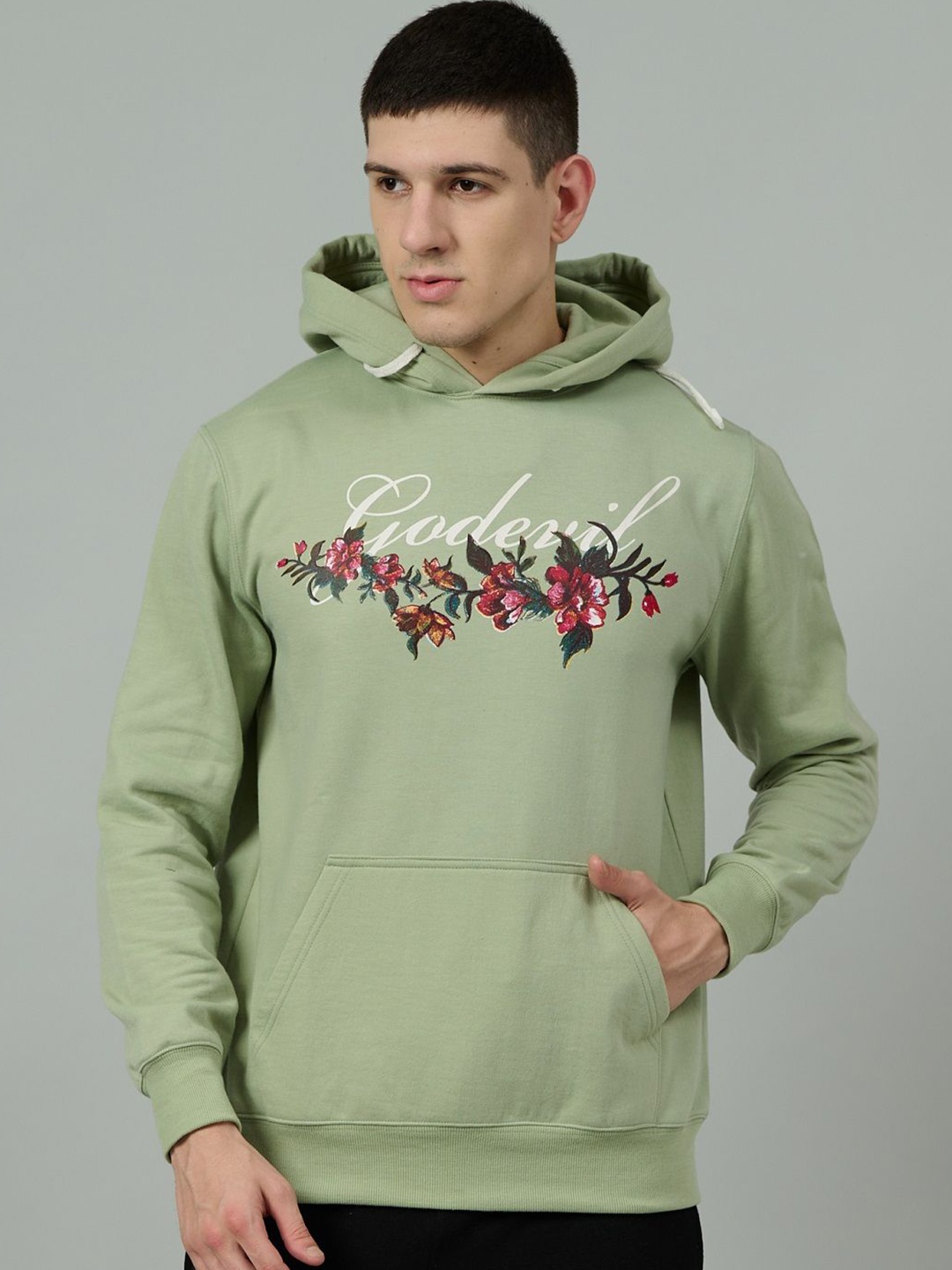 

GO DEVIL Men Printed Hooded Sweatshirt, Sea green