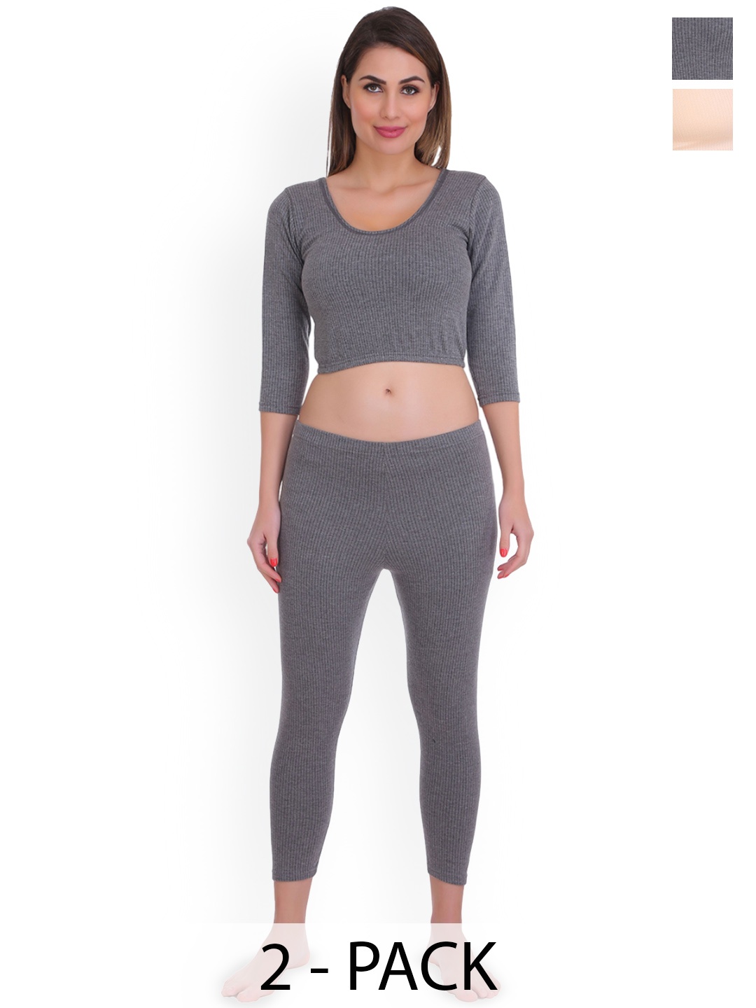 

SELFCARE Women Pack Of 2 Cotton Thermal Set, Grey
