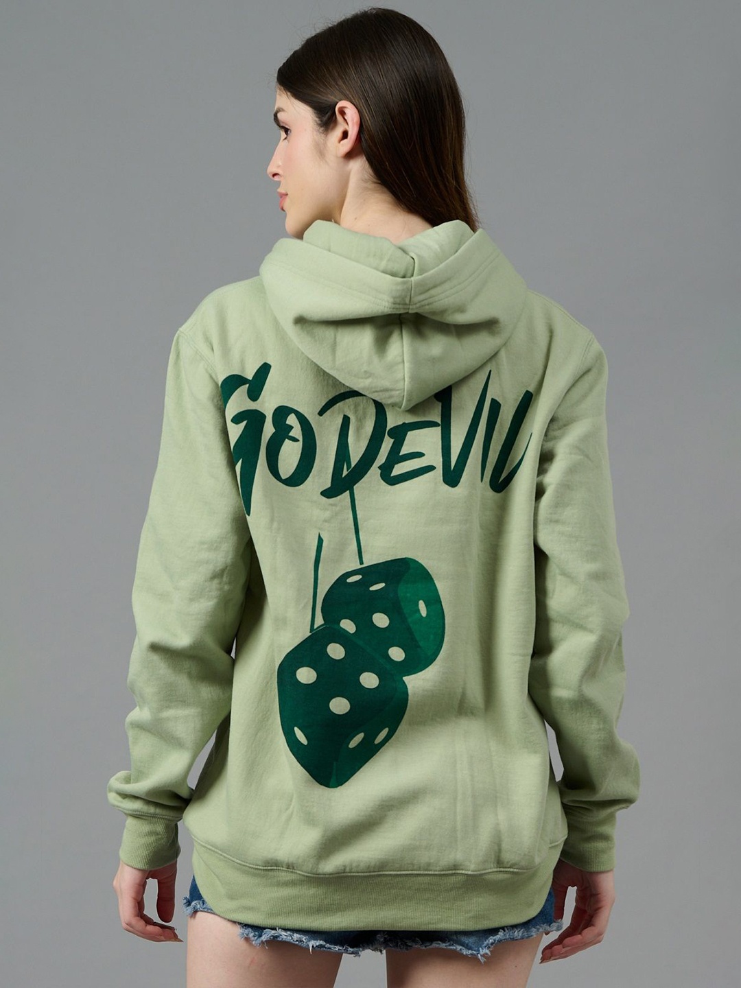 

GO DEVIL Women Printed Hooded Sweatshirt, Sea green