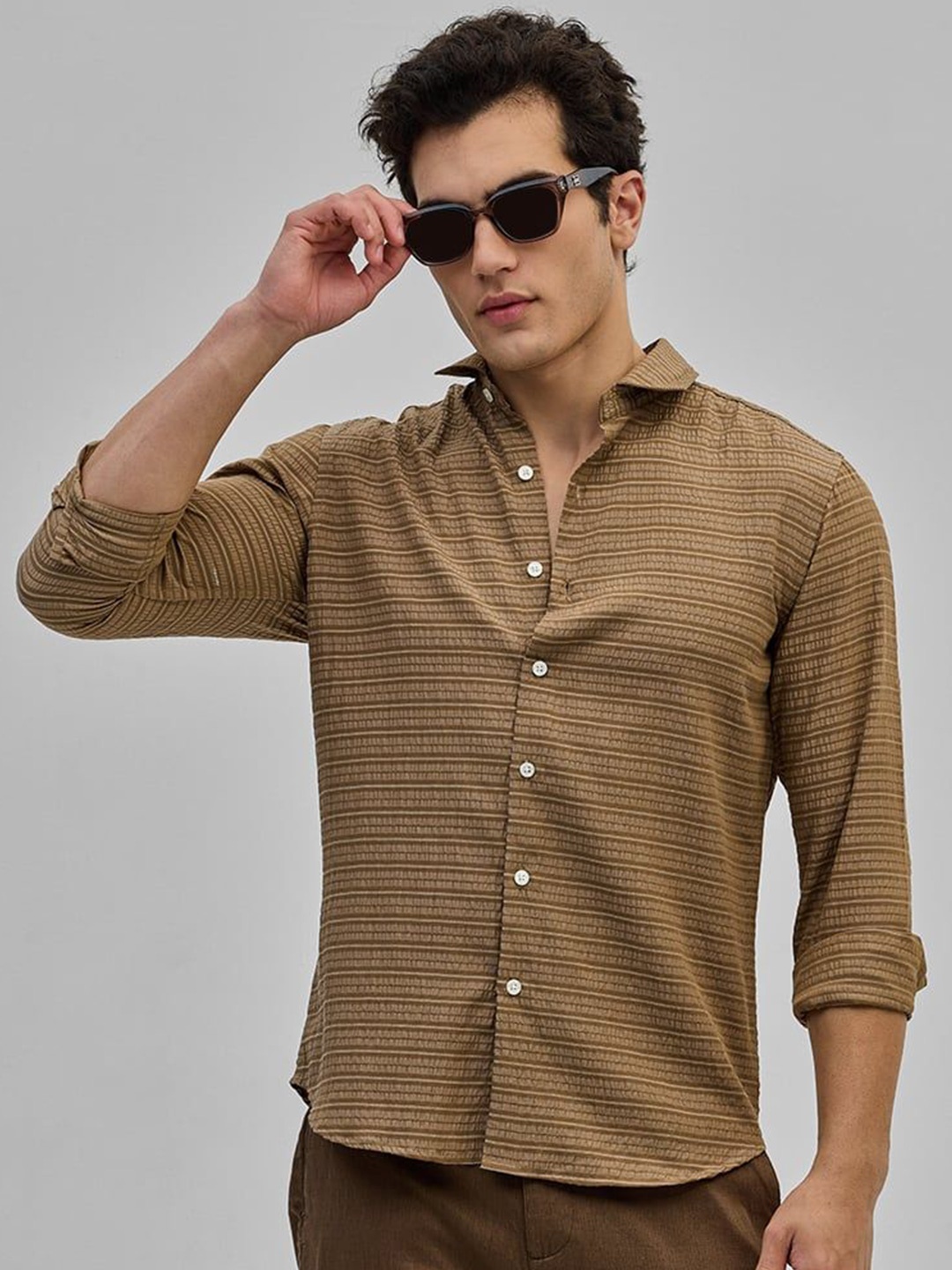 

Snitch Men Smart Spread Collar Textured Casual Shirt, Tan