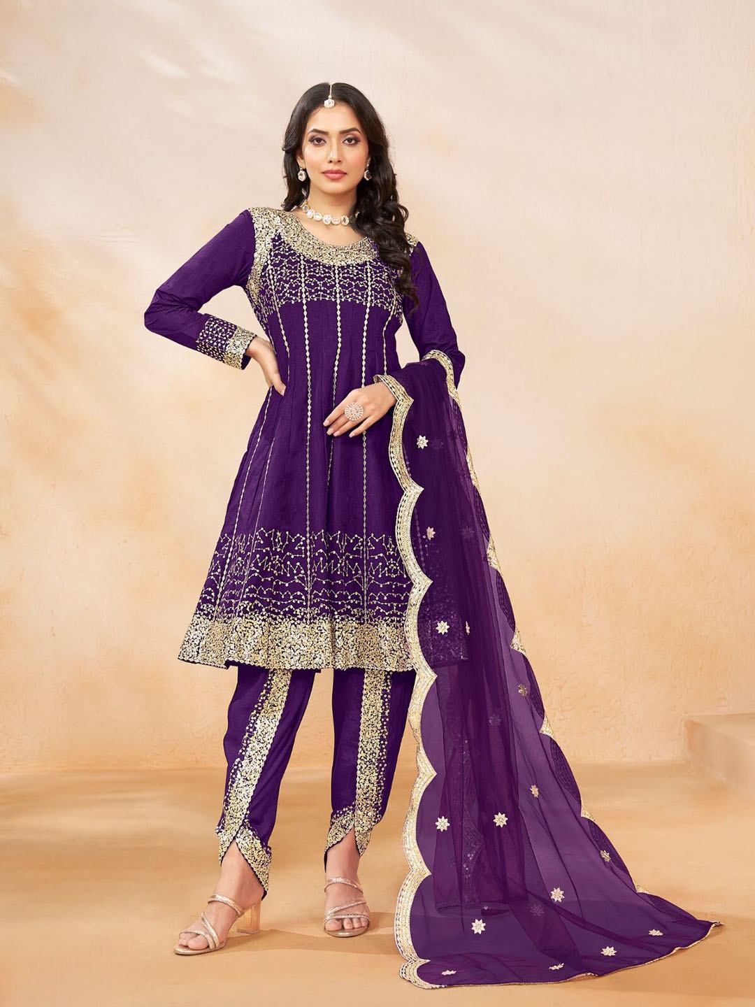

ODETTE Floral Embroidered Regular Sequinned A-Line Kurta with Dhoti Pants & Dupatta, Purple