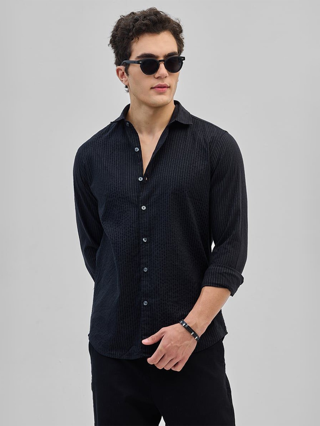 

Snitch Men Smart Spread Collar Textured Cotton Casual Shirt, Black