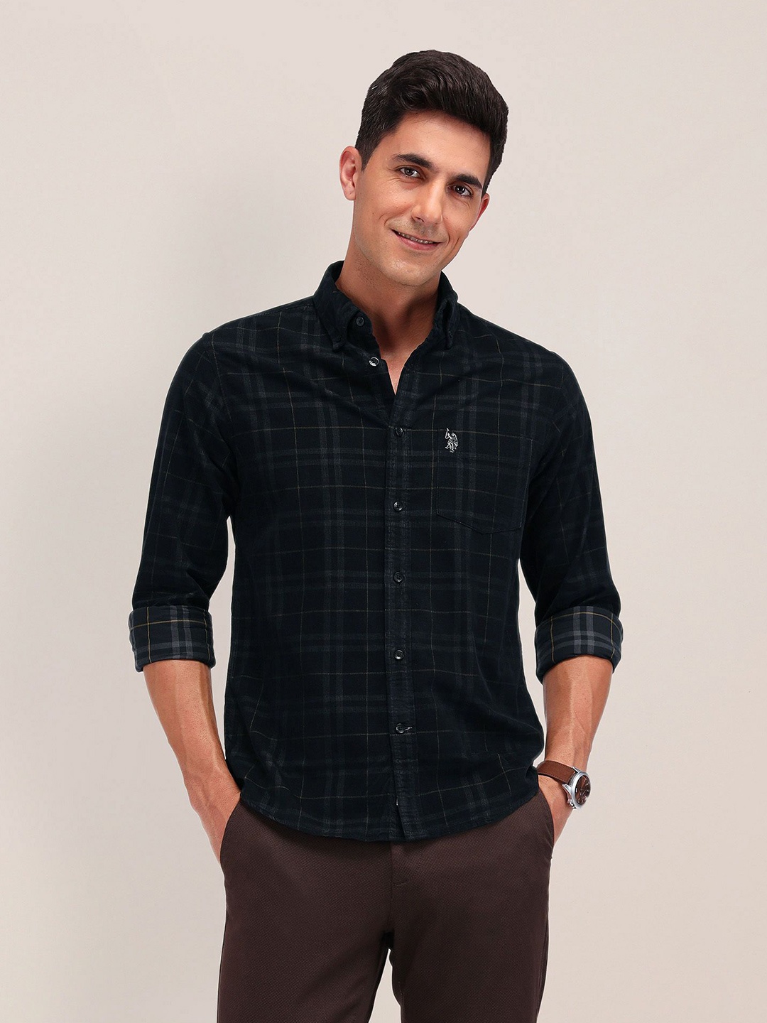 

U.S. Polo Assn. Men Button-Down Collar Tartan Checked Cotton Tailored Fit Casual Shirt, Black