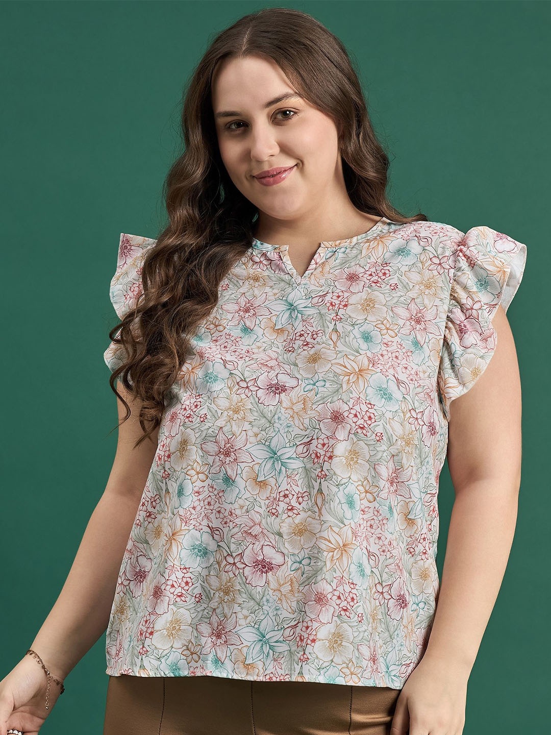 

DressBerry Curve Women Floral Print Flared Sleeve Crepe Top, White