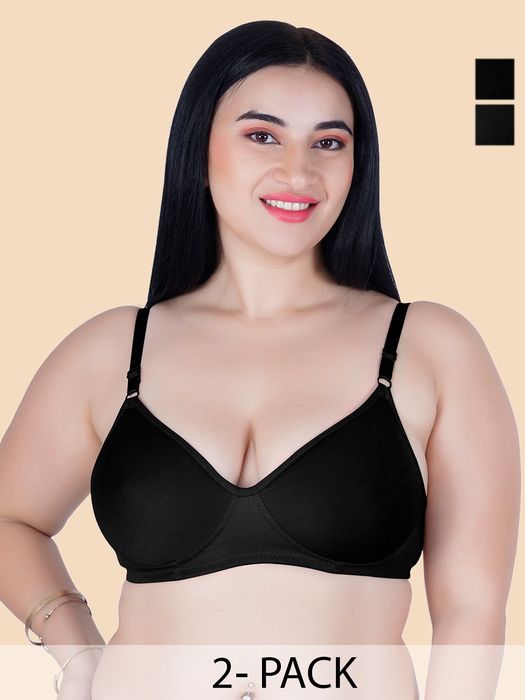 

KOMLI Women Pack of 2 Full Coverage Lightly Padded T-shirt Bra, Black