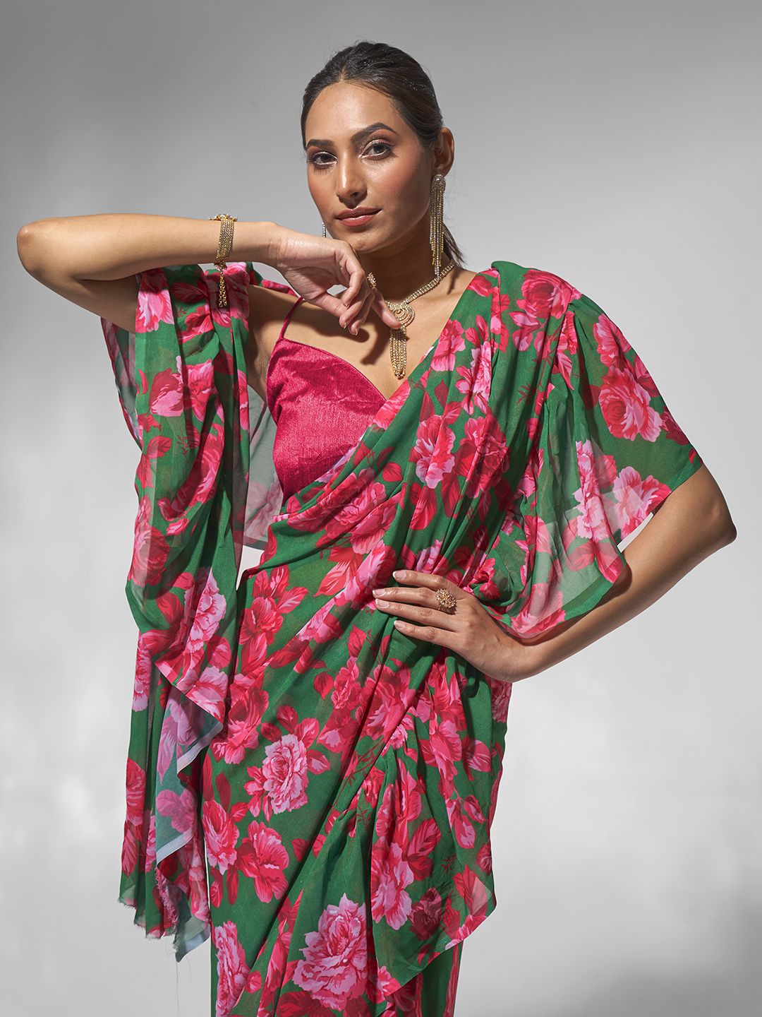 

Mitera Floral Printed Satin Ruffles Ready to Wear Saree, Pink