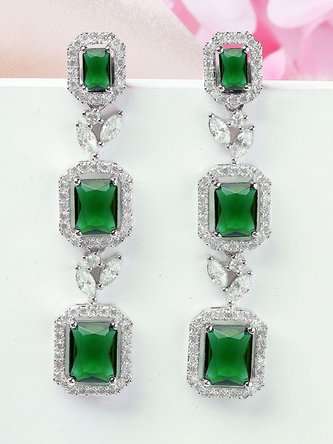 

KARATCART Silver Plated American Diamond Geometric Drop Earrings