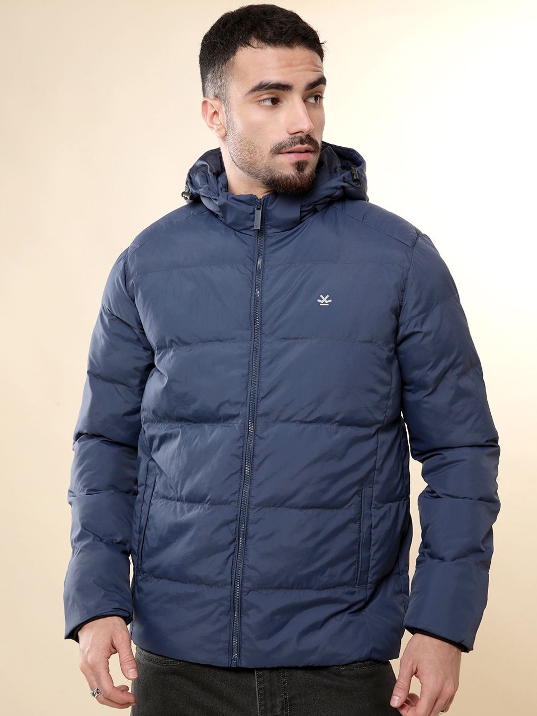 

WROGN Men Hooded Solid Casual Puffer Jacket, Navy blue