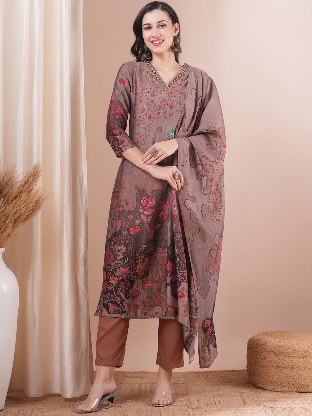 

FASHOR Floral Printed Beads and Stones Straight Kurta with Trouser & Dupatta, Taupe