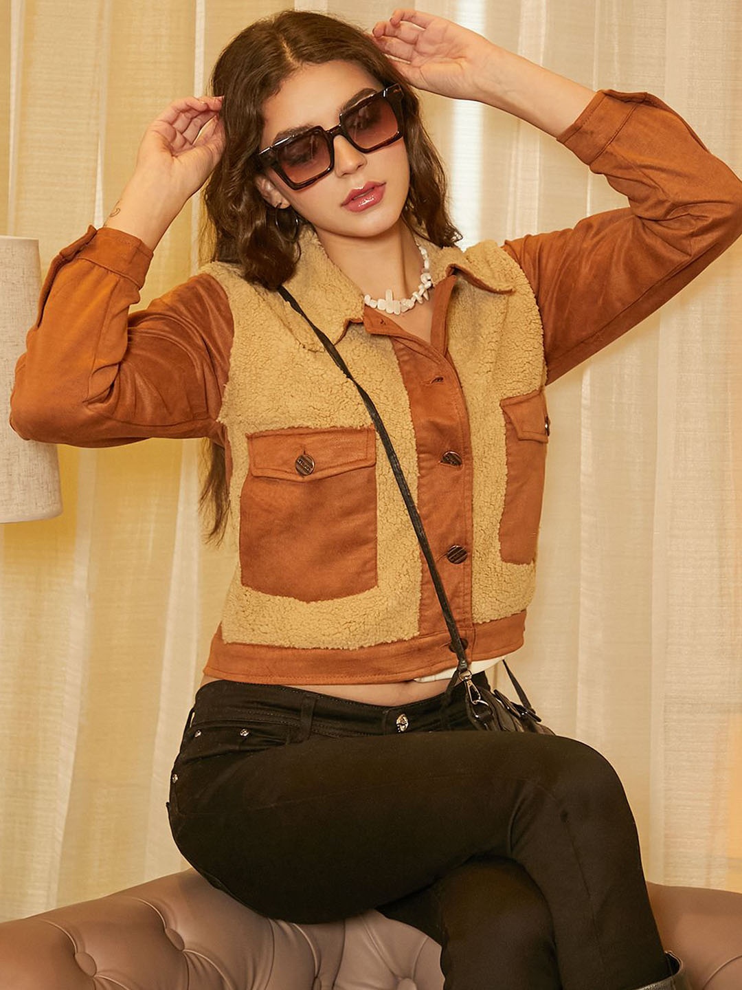 

Campus Sutra Women Spread Collar Colourblocked Casual Tailored Jacket, Brown