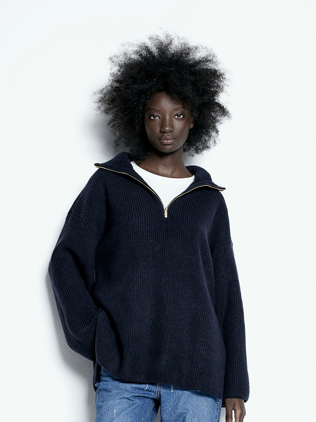 

H&M Zip-Top Rib-Knit Jumper, Navy blue