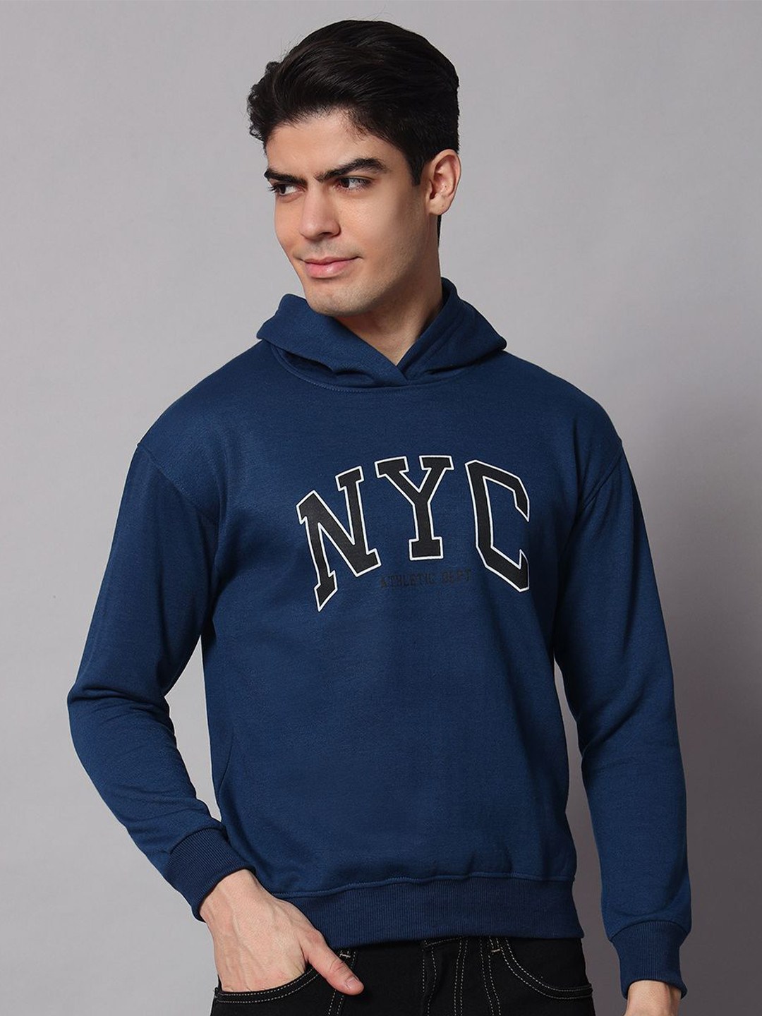 

Obaan Men Printed Hooded Pullover Sweatshirt, Navy blue