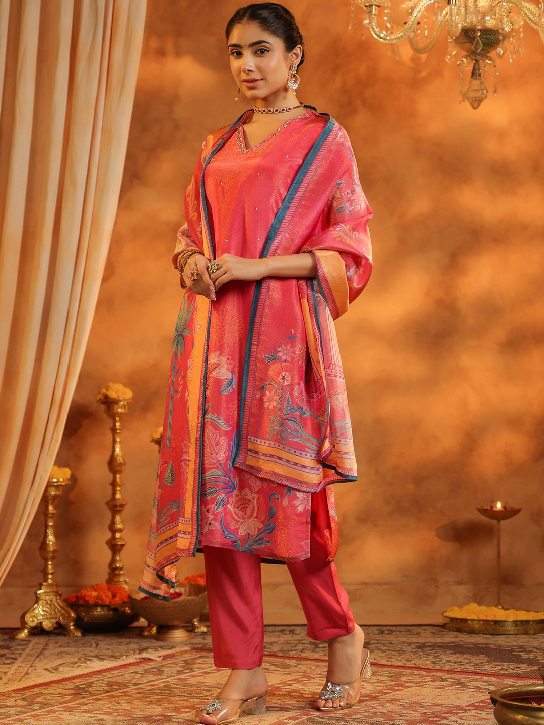 

Rain & Rainbow Ethnic Motifs Printed Straight Sequinned Kurta with Trousers & With Dupatta, Coral