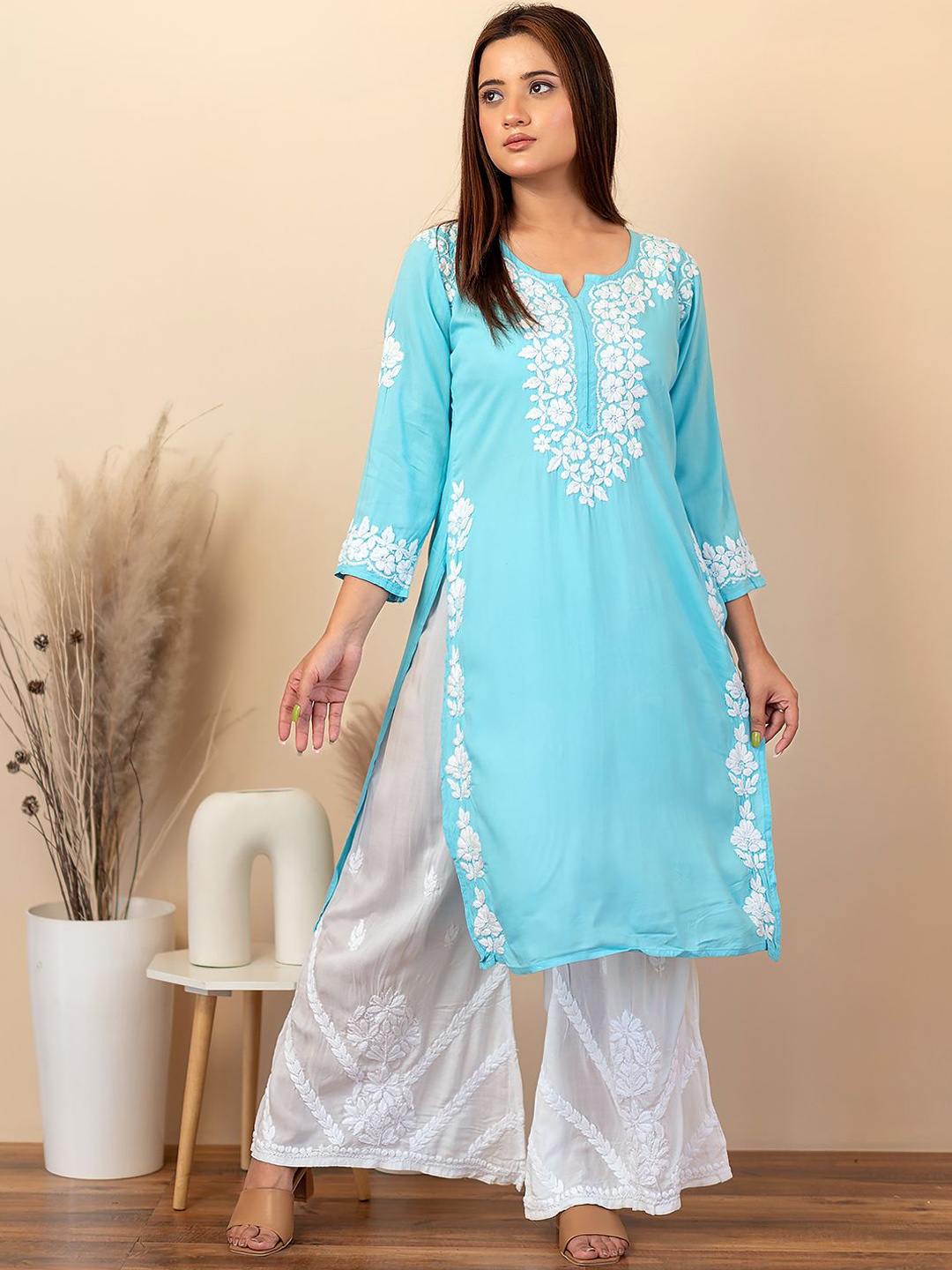 

The Chikan Label Ethnic Motifs Embroidered Chikankari Straight Kurta, Blue