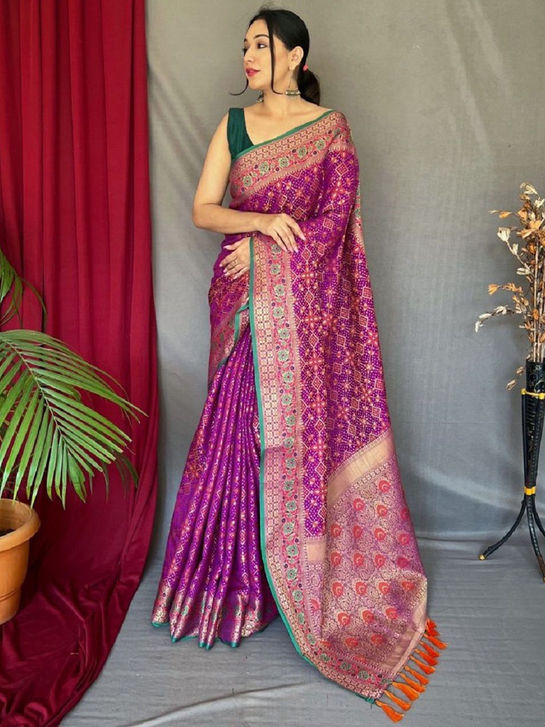 

Suha Woven Embellished Zari Pure Silk Patola Saree, Purple