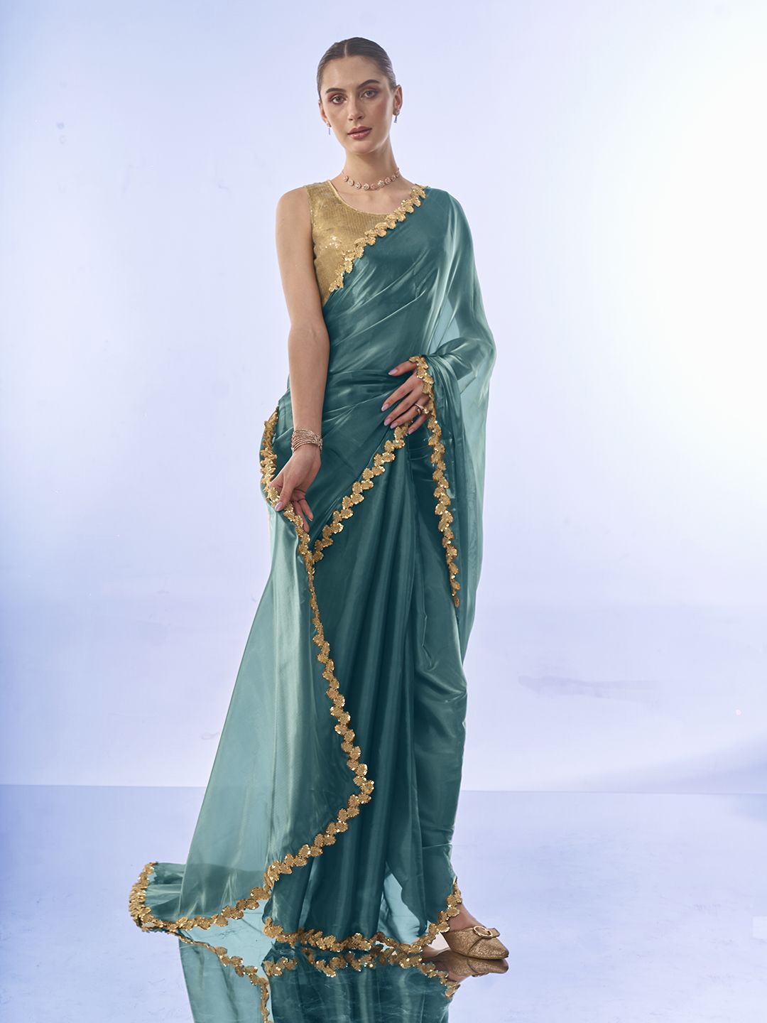 

Mitera Embellished Sequinned Organza Ready to Wear Saree, Blue