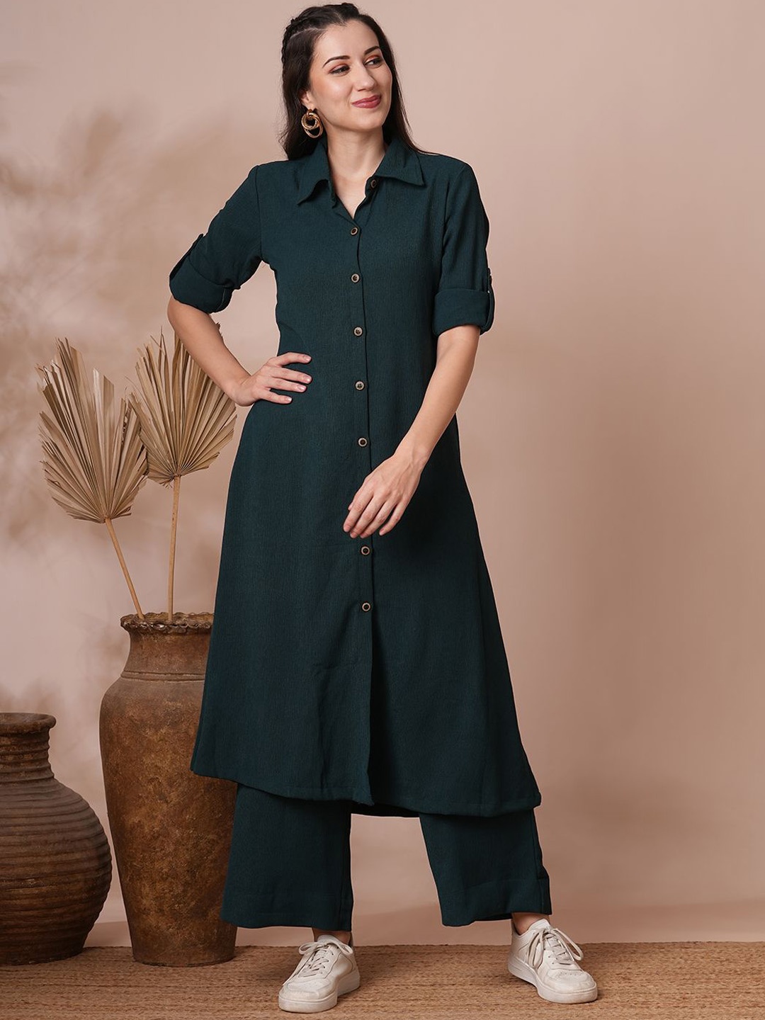 

FASHOR Green A-Line Long Sleeves Tunic & Trouser