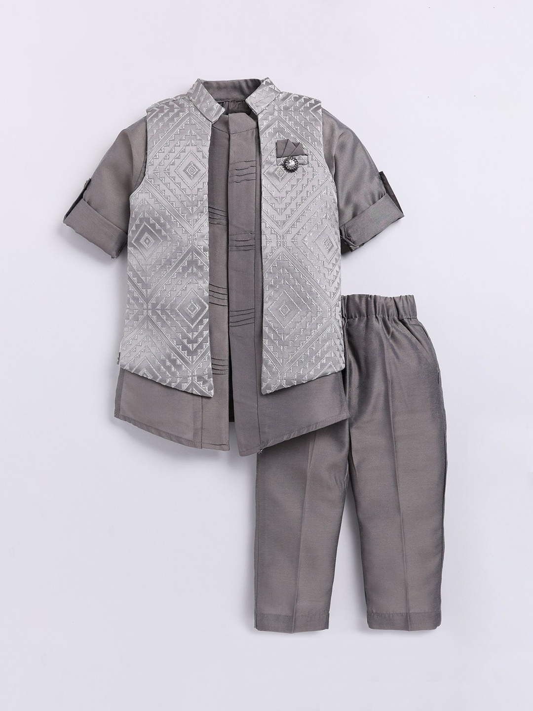 

LITTLE COLLARS Boys Straight Kurta with Pyjamas & Embroidered Jacket, Grey