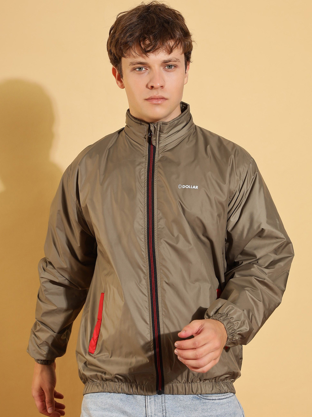 

Dollar Men Mock Collar Solid Casual Bomber Jacket, Khaki