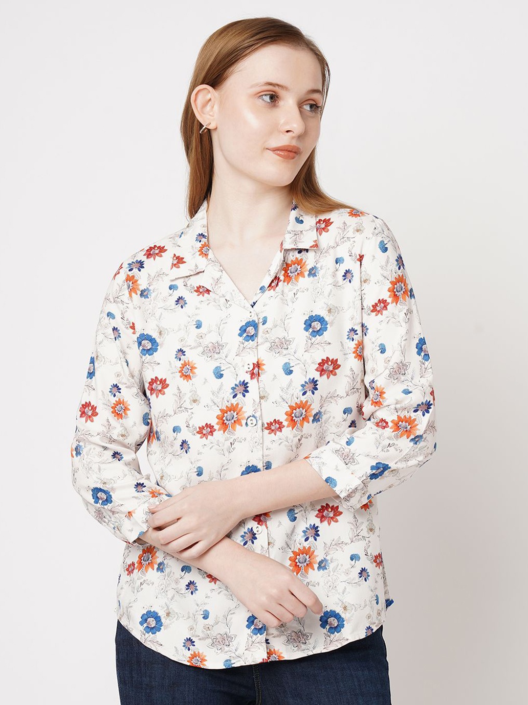 

Kraus Jeans Women Spread Collar Floral Printed Slim Fit Casual Shirt, White