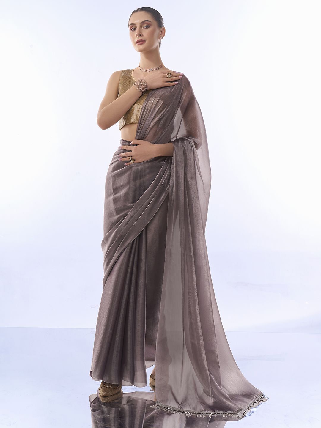 

Mitera Embellished Sequinned Organza Ready to Wear Saree, Grey melange