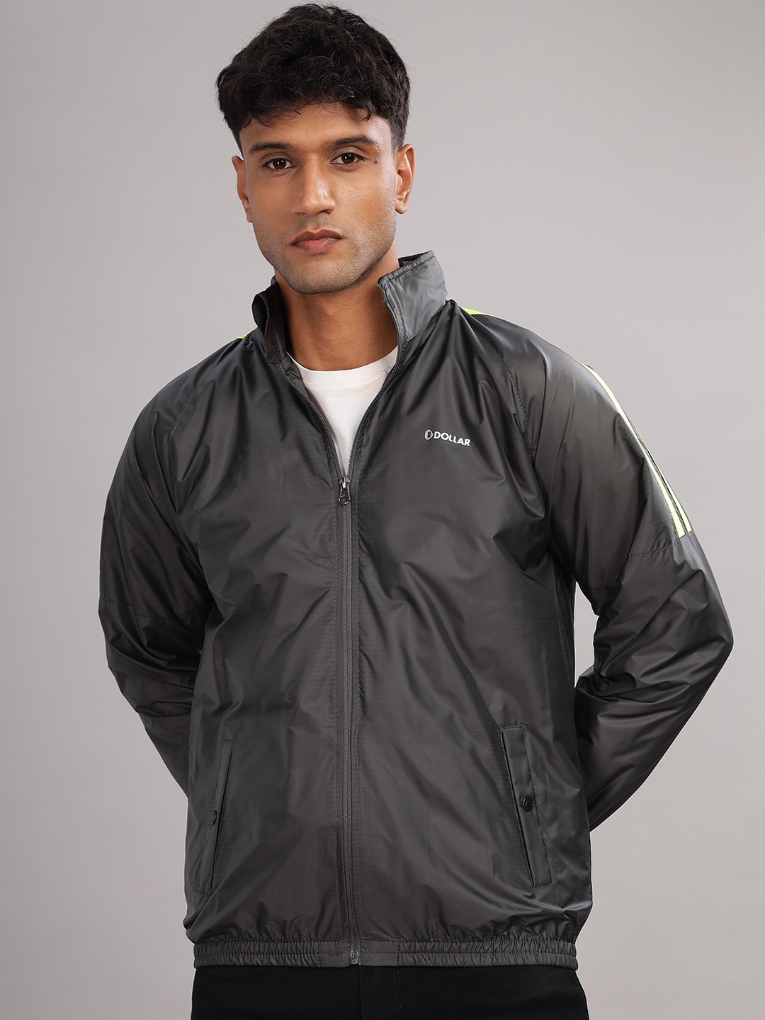 

Dollar Men Mock Collar Solid Casual Bomber Jacket, Grey