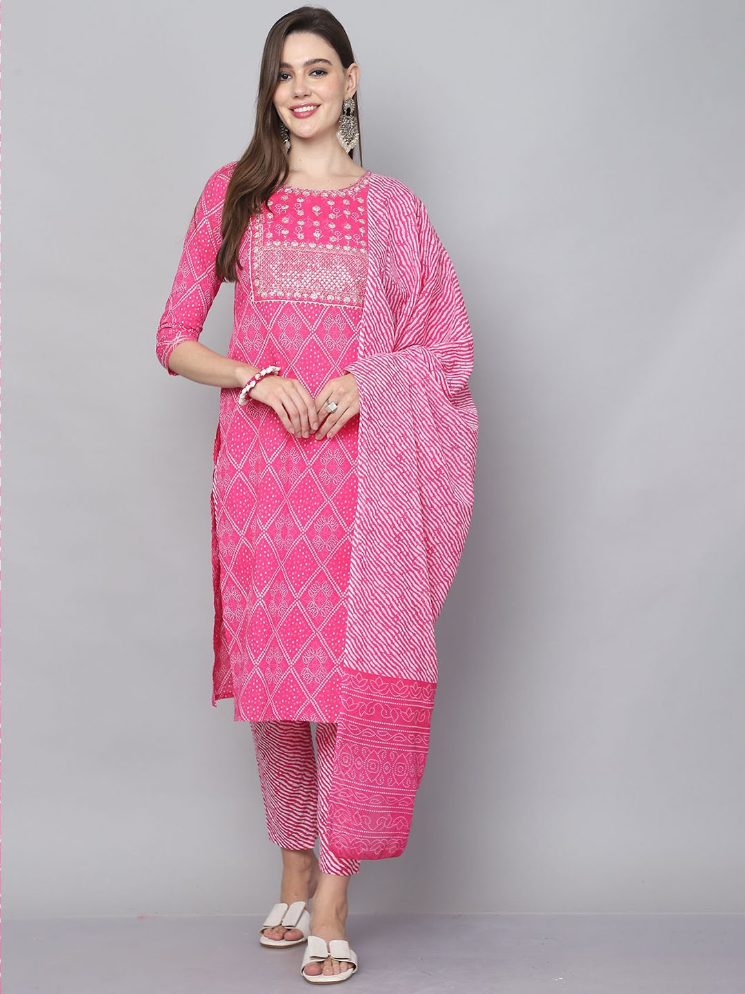 

Rajnandini Bandhani Embroidered Sequinned Pure Cotton Kurta with Trouser & Dupatta, Pink