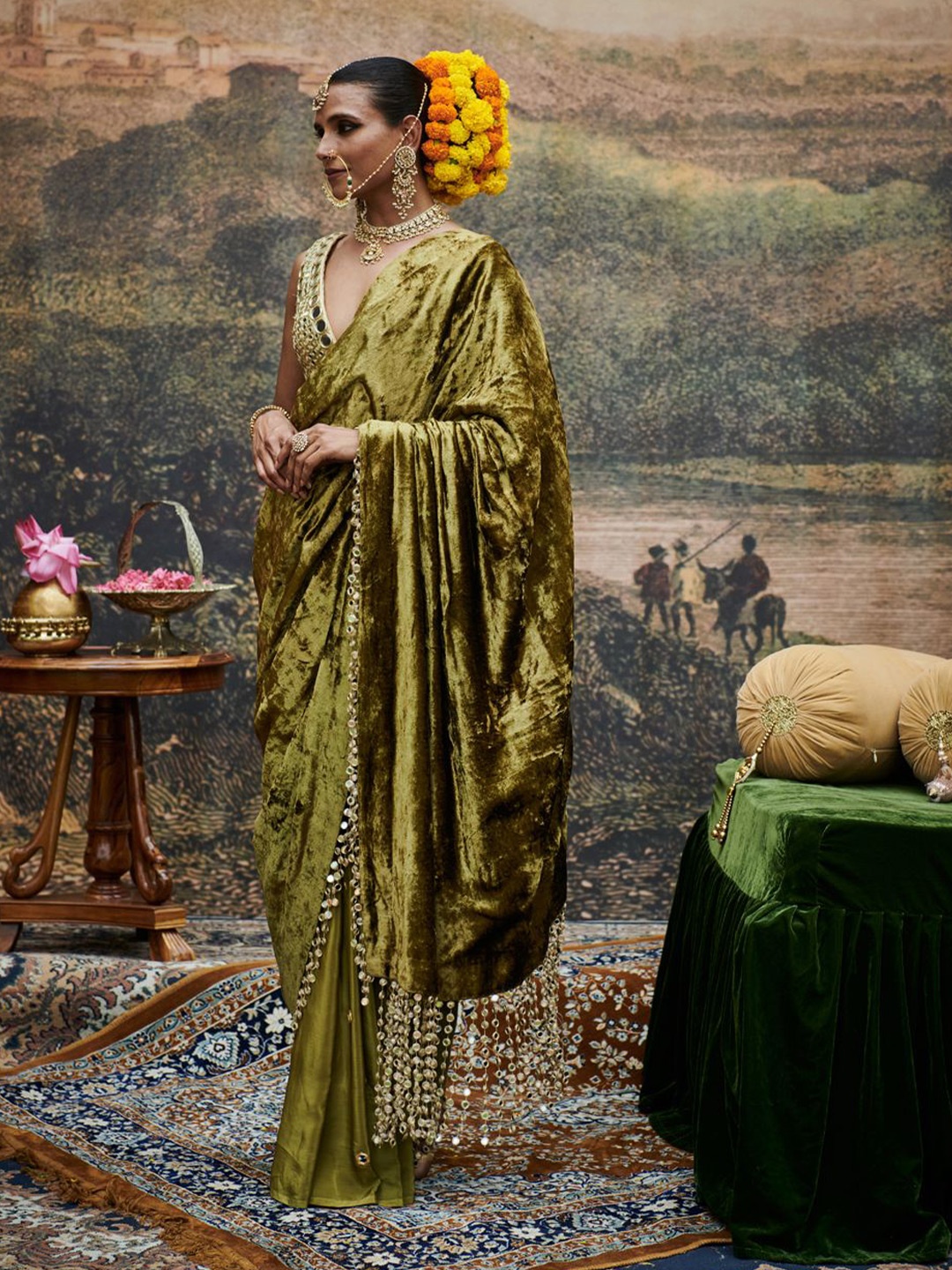 

ITRH Mirror Work Pure Cotton Heavy Work Saree, Olive
