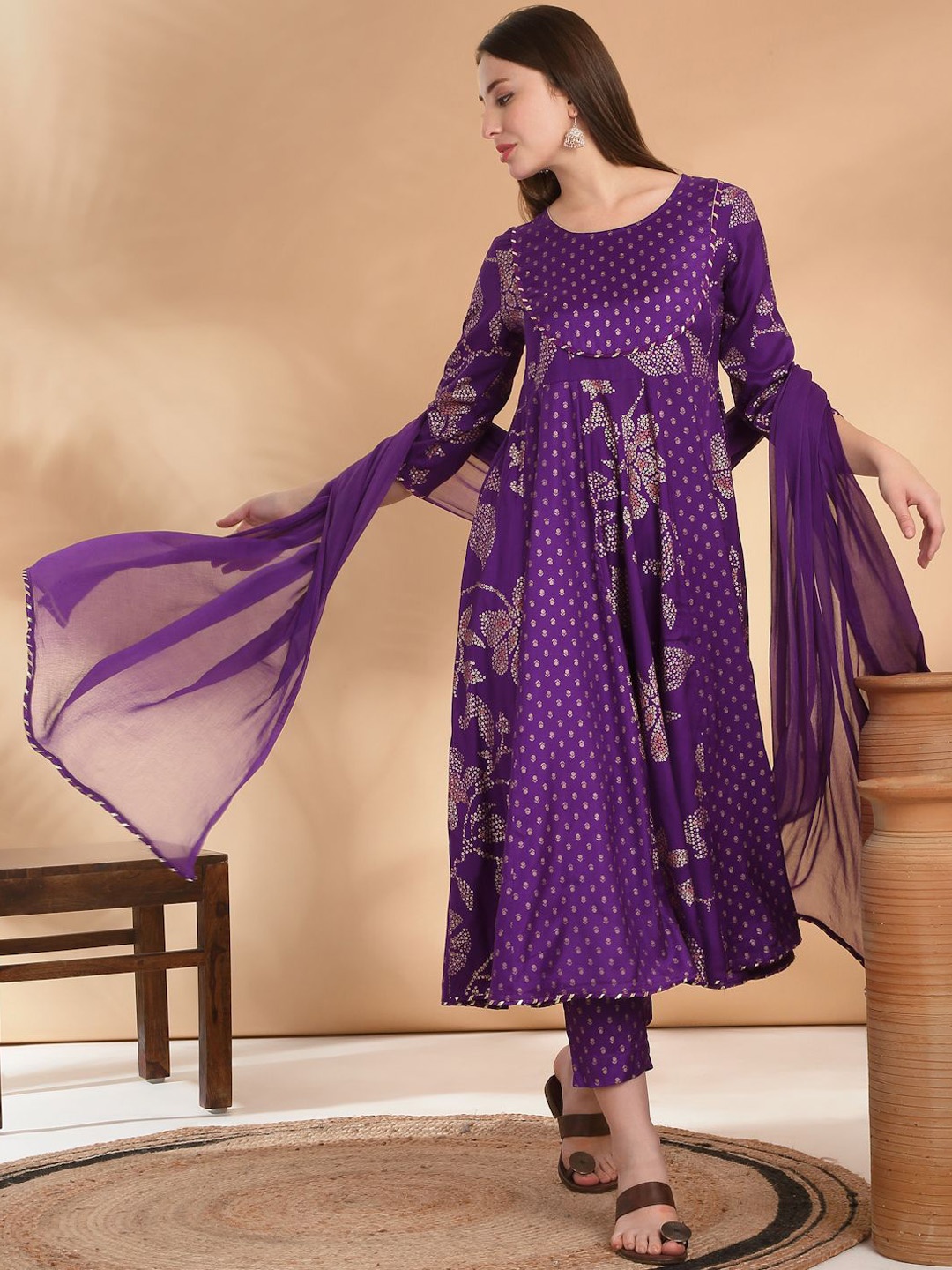 

Likha Floral Printed Regular Gotta Patti Kurta with Pyjama & Dupatta, Purple